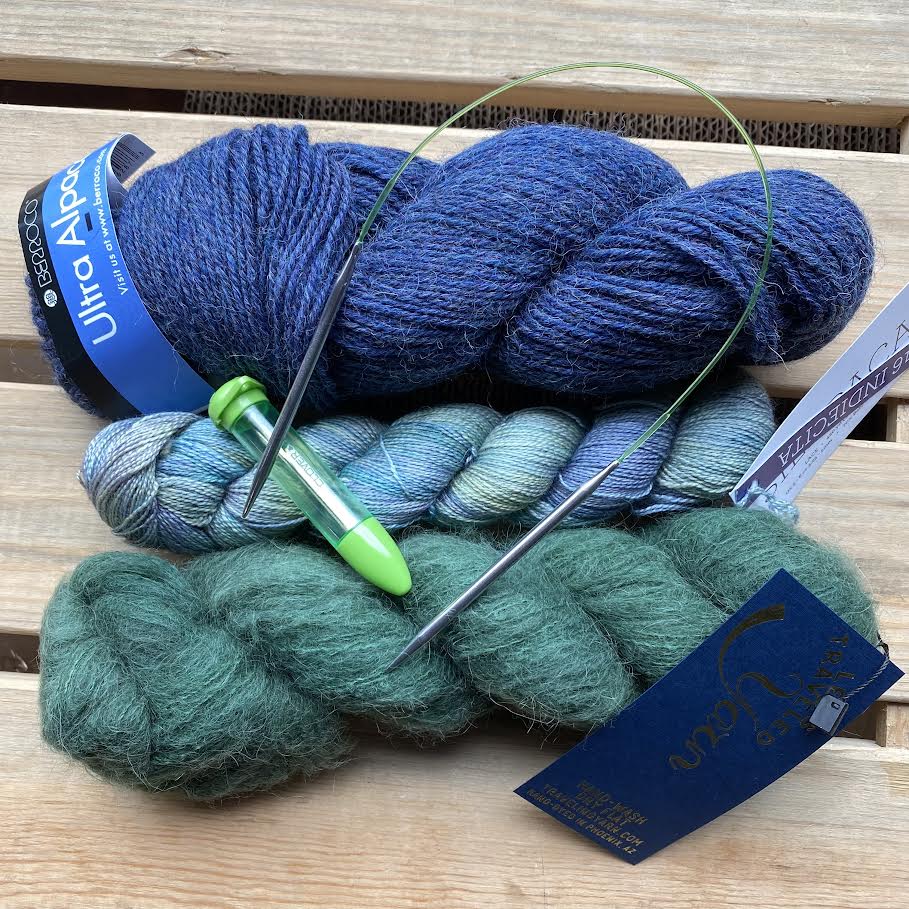 alpaca yarn, circular needle and notions