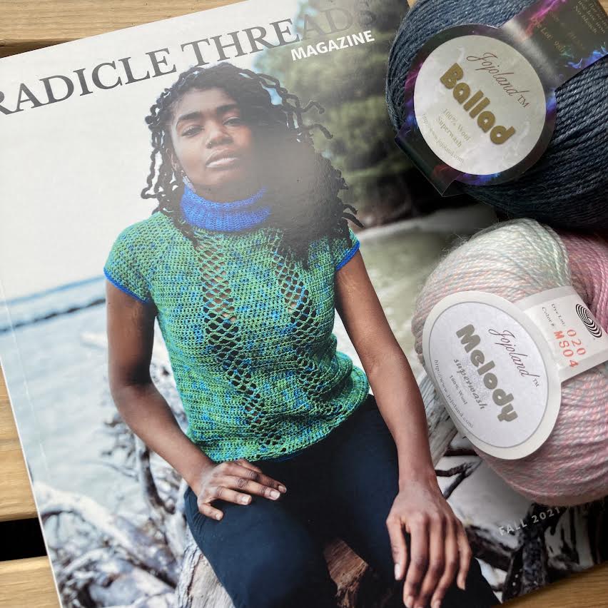 radicle threads magazine and 2 skeins of yarn