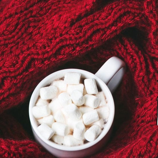 mug of hot cocoa with marshmallows and a red blanket